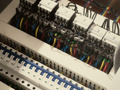 Circuit breakers and wiring inside an open switchboard